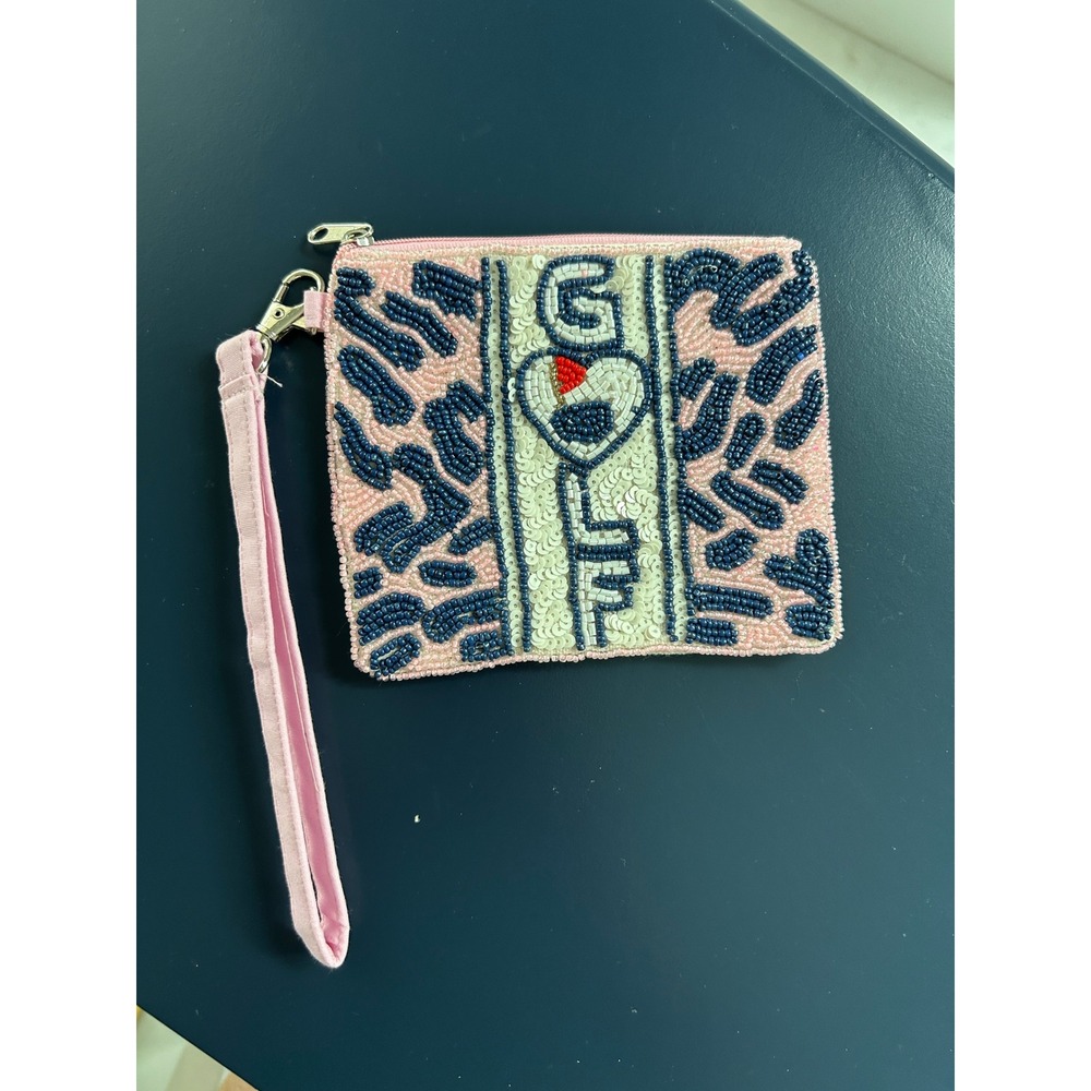 Pink Beaded GOLF Heart Leopard Print Wristlet Pouch Zipper Clutch Bag